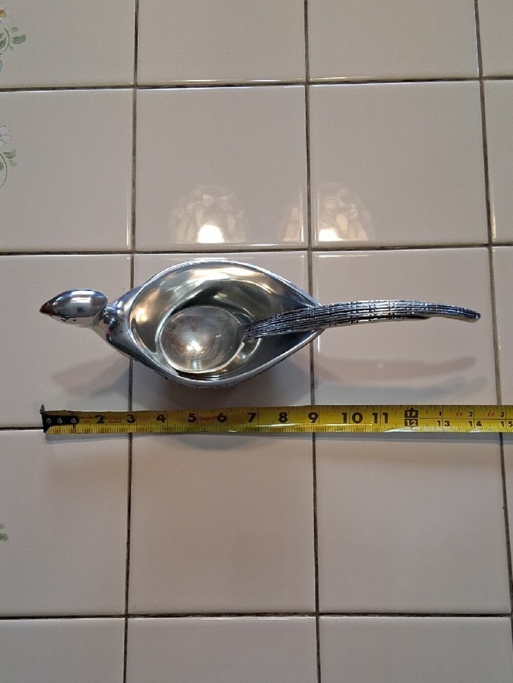 RARE FIND Pottery Barn Silvertone Pewter Pheasant Sauce Bowl With Tail Ladle. - Picture 14 of 16